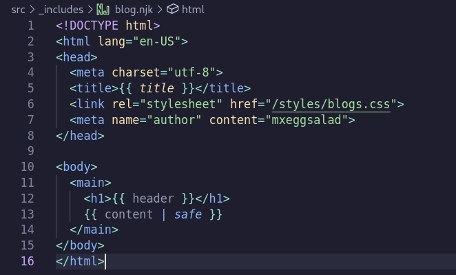 screenshot of html code outlining basic boilerplate functions, with some of their contents replaced with double curly braced ( {} ) variables
